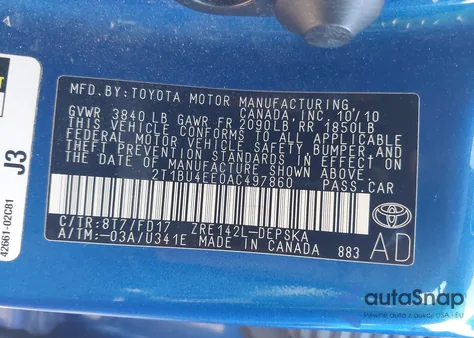 2010 Toyota Corolla S z USA, uszkodzony, nr VIN 2T1BU4EE0AC497860